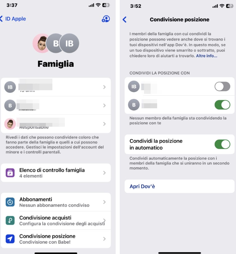 Screenshot dell'iPhone con la funzione di condivisione della posizione su Apple Family Sharing