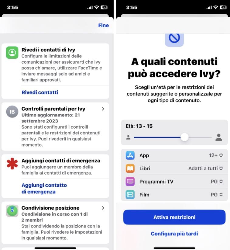 Screenshot dell'iPhone con la funzione Parental control su Apple Family Sharing