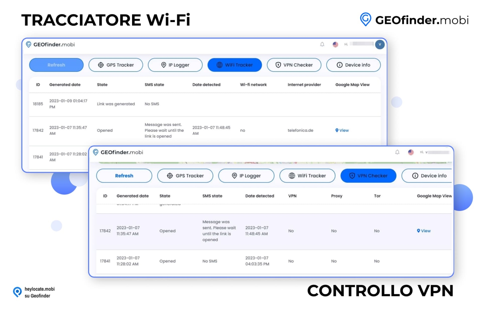 Interfaccia di GEOfinder.mobi che mostra le schede WiFi Tracker e VPN Checker, con elenchi dettagliati di numeri ID, date, stati degli SMS, data di rilevamento e informazioni sulla rete a scopo di tracciamento.