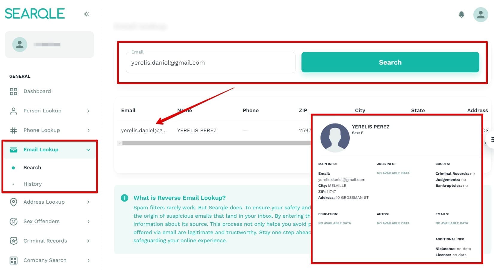 Immagine che mostra come trovare una persona per indirizzo e-mail su Searqle e quali dati saranno visibili in una ricerca