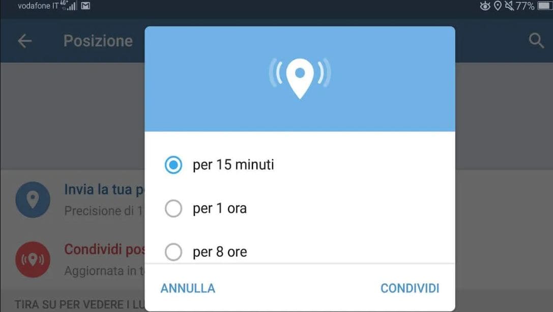 Il menu per scegliere per quanto tempo condividere la posizione su Telegram