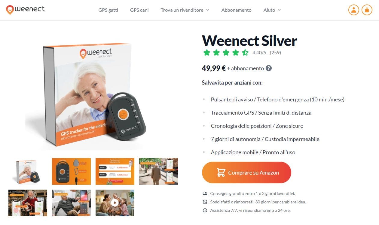 Sistema di allarme remoto per anziani Weenect Silver con caratteristiche