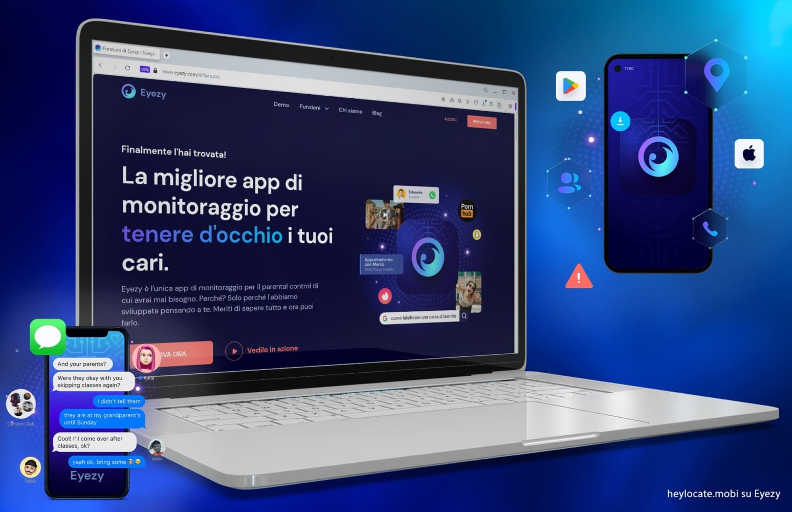 Laptop su sfondo blu scuro con una pagina aperta della migliore app di monitoraggio Eyezy e accanto a un telefono con una visualizzazione di messaggi watsapp