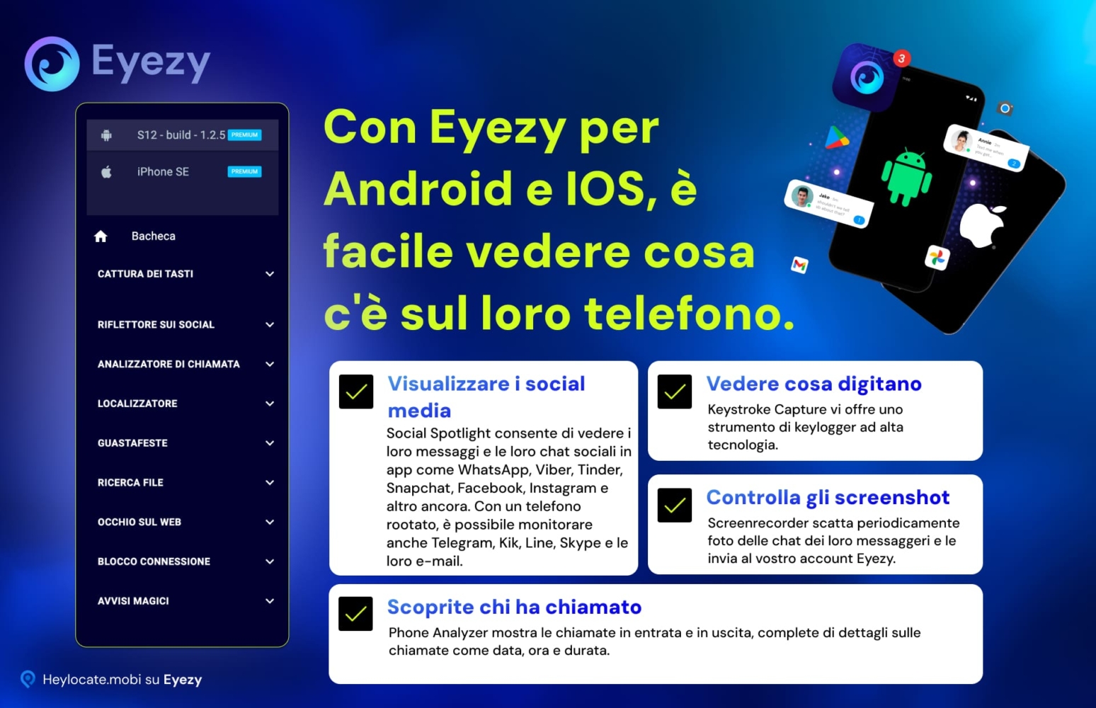 Collage che evidenzia le funzioni di monitoraggio di Eyezy per i dispositivi Android e iOS, tra cui la visualizzazione dei social media, la cattura dei tasti, il controllo degli screenshot e l'analisi delle chiamate.