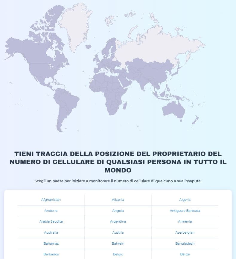 Screenshot von der HeyLocate-Website mit Karte und Liste einiger Länder für die weltweite Ortung von Handys