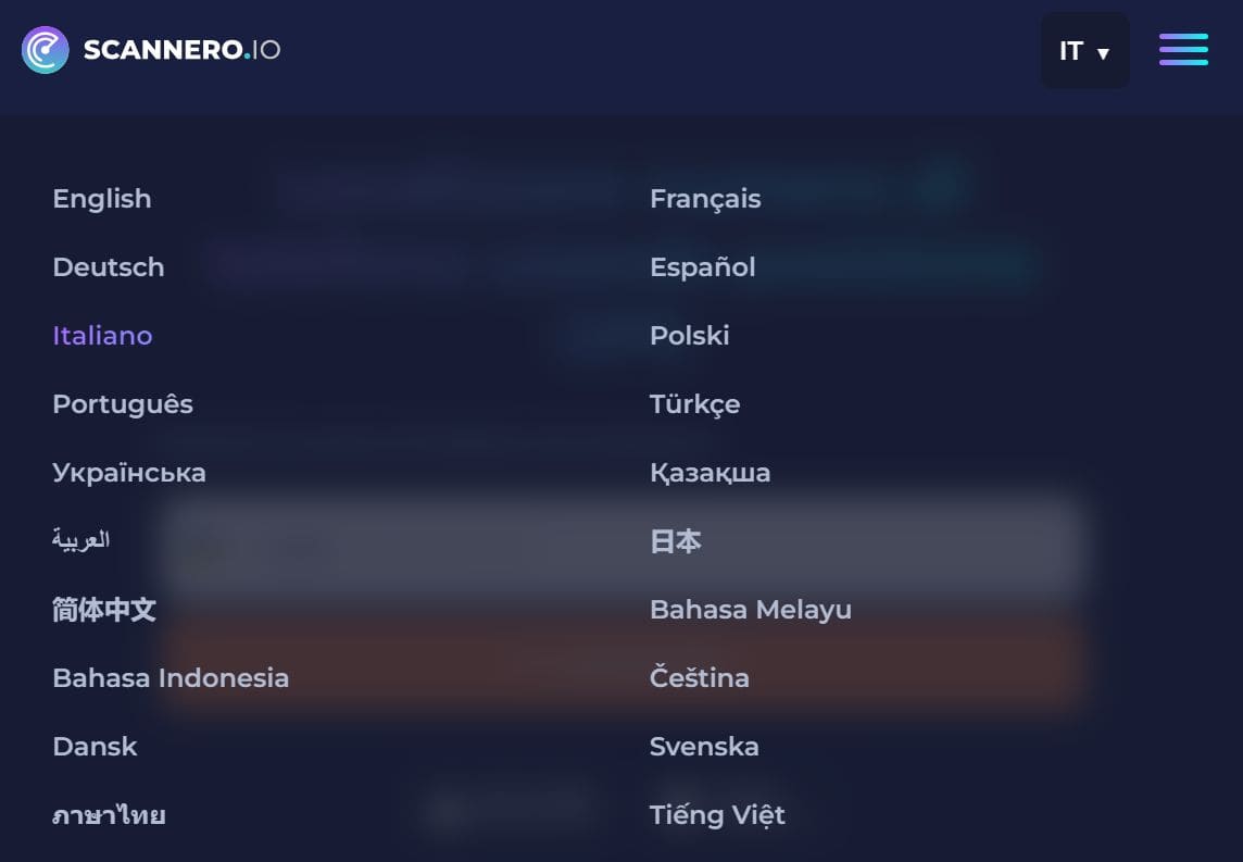 Immagine dal sito web di Scannero, che mostra l'elenco delle venti lingue in cui Scannero lavora