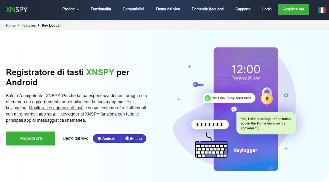 Screenshot dal sito XNSPY con informazioni sul keylogger
