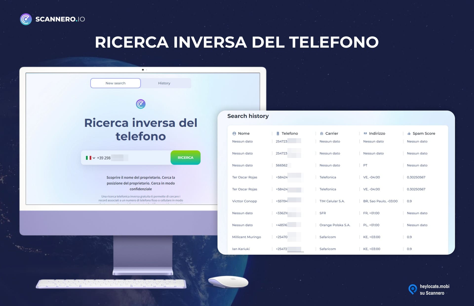Monitor del computer che mostra la funzione di ricerca telefonica inversa di Scannero.io con una barra di ricerca e una scheda della cronologia di ricerca che mostra le ricerche e i risultati precedenti.
