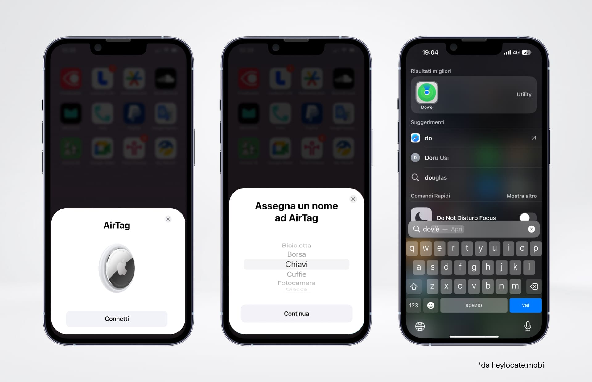 Tre iPhone che mostrano diverse fasi di utilizzo di Apple AirTag. Il primo mostra la connessione all'AirTag, il secondo l'interfaccia di denominazione dell'AirTag e il terzo l'ingresso nell'app Dov'è