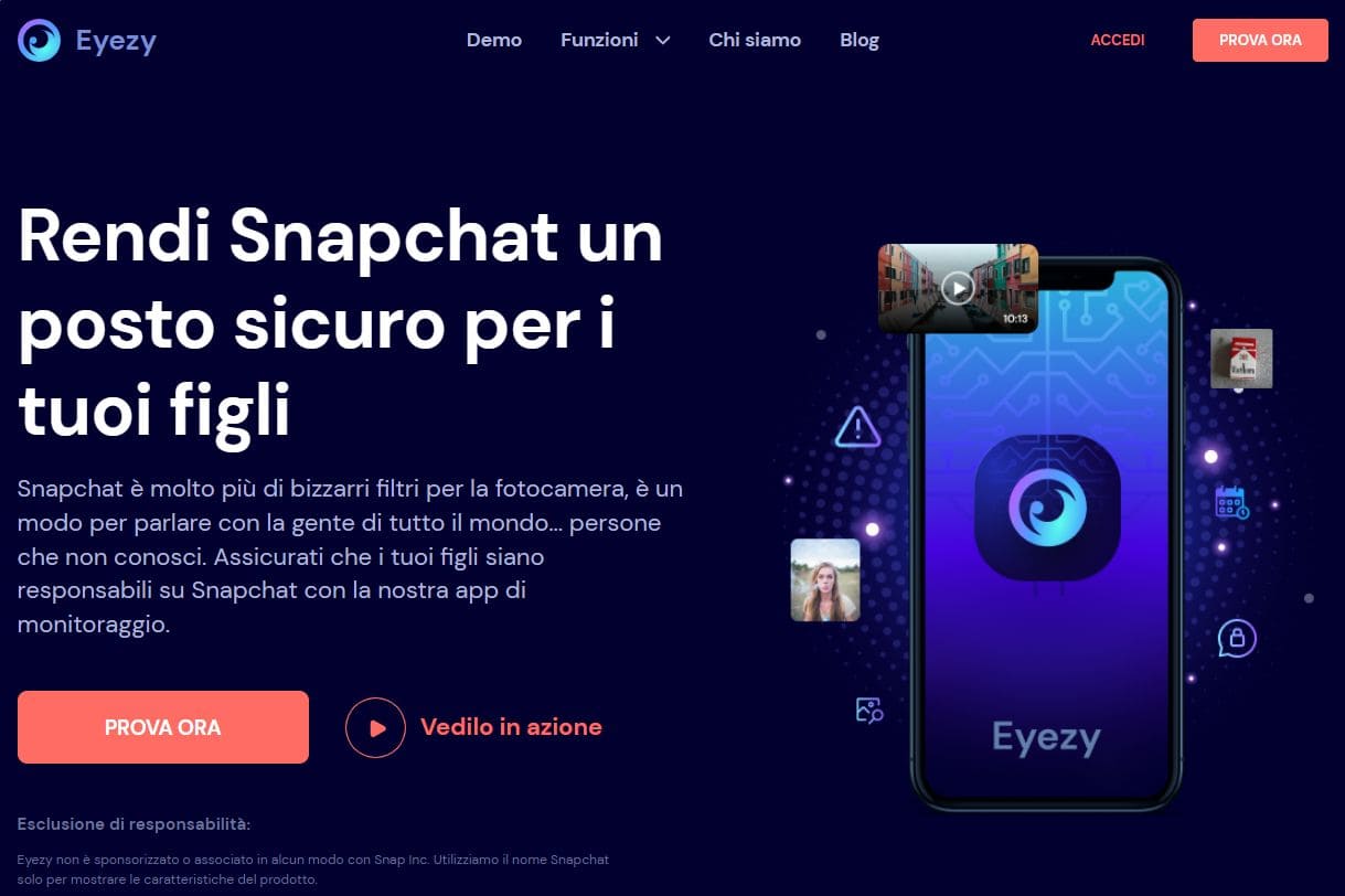 Immagine del sito web di Eyezy con informazioni e caratteristiche sul tracciamento di Snapchat
