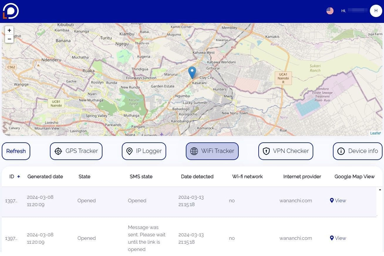 Vista del sito Locationtracker.mobi che mostra le informazioni con il risultato di una ricerca tramite la funzione Wi-Fi tracker