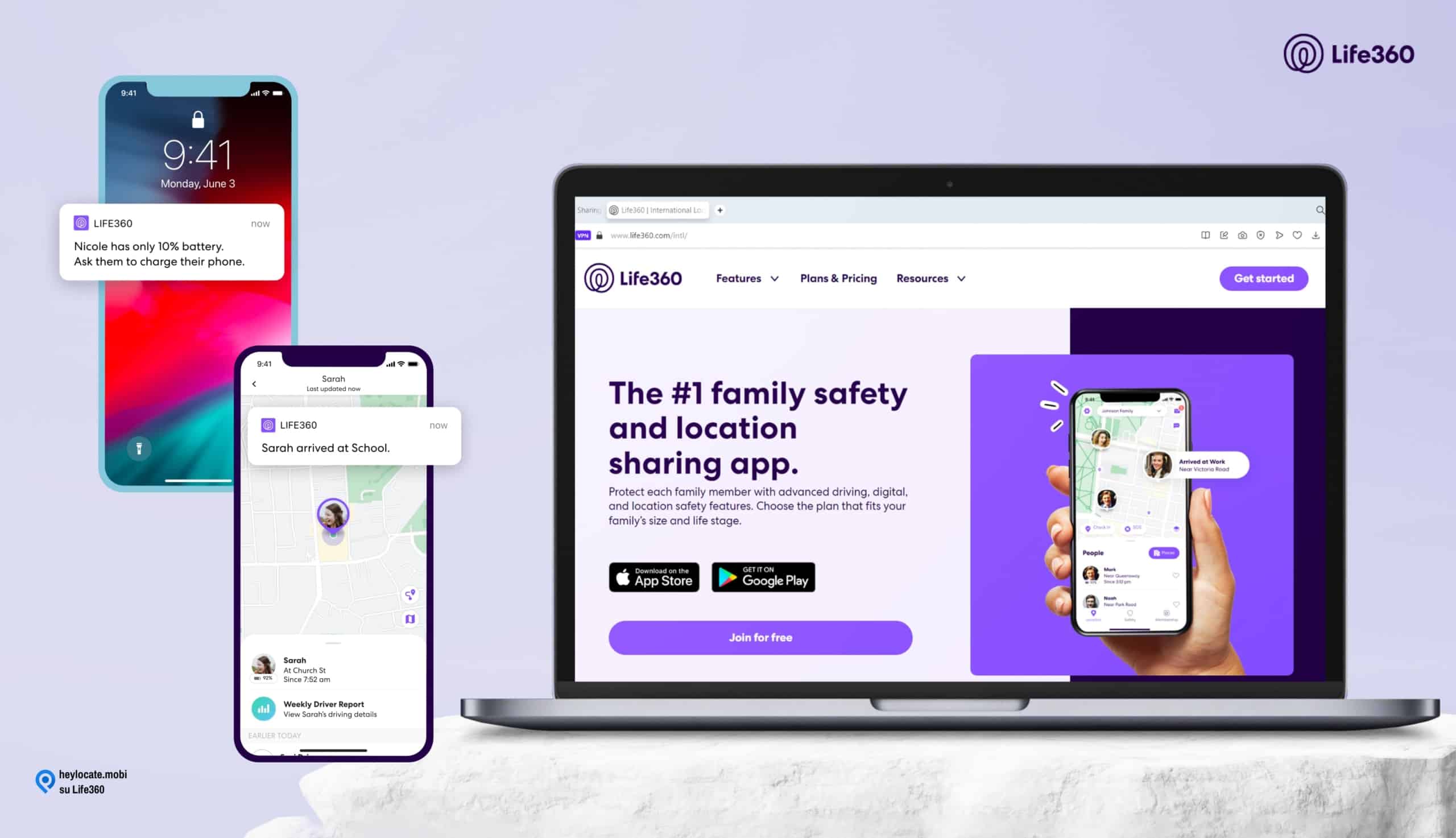 Laptop in piedi sul tavolo su cui è aperta la pagina principale dell'applicazione Life360, accanto al laptop ci sono due telefoni sui cui schermi è mostrato il lavoro di Life360, uno dei quali ha una mappa aperta, il secondo ha un messaggio di testo appeso