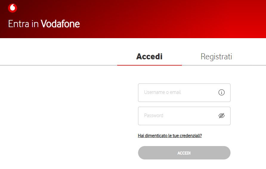 La pagina d’accesso a un account Vodafone sul sito