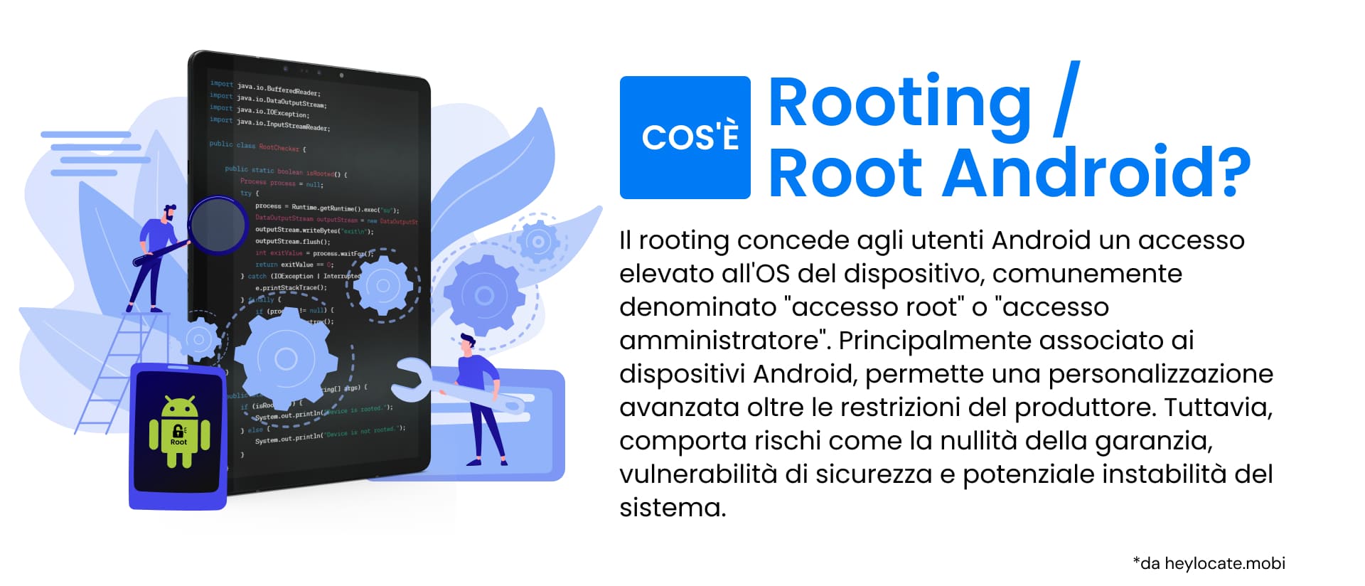 L'infografica serve come guida al concetto di "rooting" nei dispositivi Android, che comporta l'ottenimento di un controllo privilegiato noto come "accesso root" sul dispositivo, consentendo un'ampia personalizzazione oltre i limiti stabiliti dal produttore.
