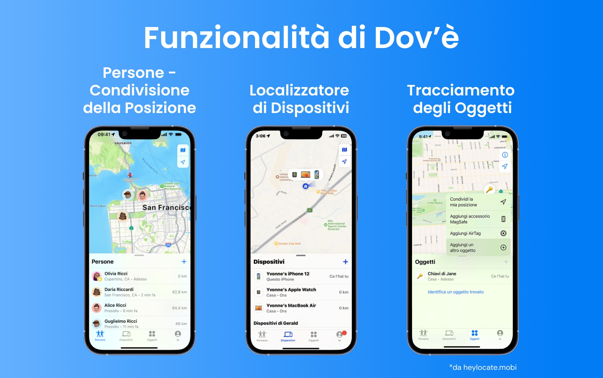 Screenshot che mostrano le funzionalità dell'app Find My per la condivisione della posizione con le persone, localizzatore di dispositivi per i prodotti Apple e tracciamento di oggetti personali come chiavi con AirTags
