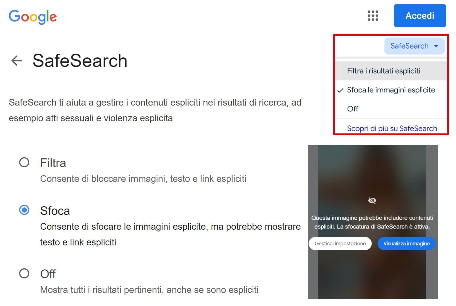 Una schermata che mostra la pagina delle impostazioni di Google SafeSearch con le opzioni per filtrare e offuscare i contenuti espliciti.