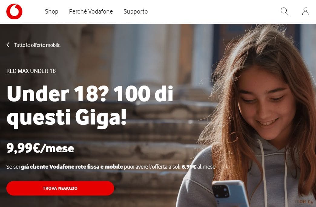 La pagina dell’offerta Red Max U18 sul sito Vodafone