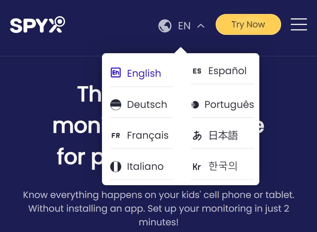 SpyX sostiene di supportare otto lingue