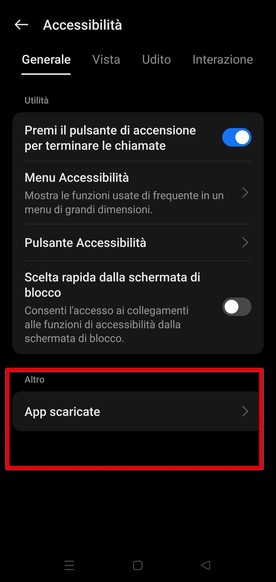 Il menu per le app scaricate nelle impostazioni di un Android