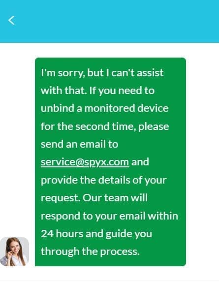 Un'immagine del chatbot dell'assistenza clienti SpyX