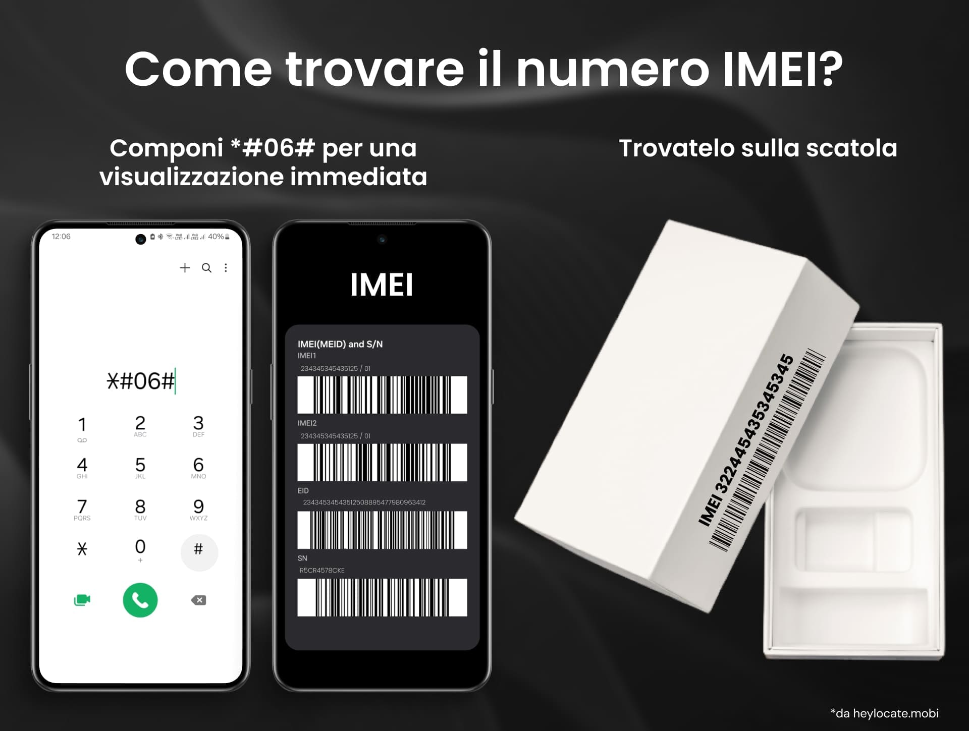 Due metodi per trovare il numero IMEI di un telefono cellulare. Il lato sinistro mostra uno smartphone con il dial pad aperto, evidenziando il codice *#06# per recuperare il numero IMEI direttamente sullo schermo. Il lato destro mostra la scatola di un telefono cellulare con il numero IMEI stampato sul lato