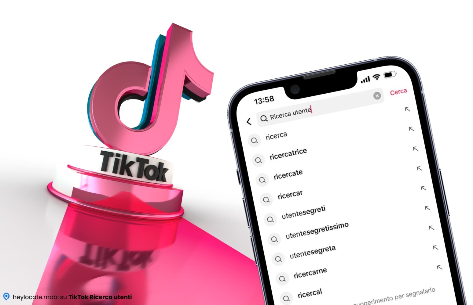 Questa immagine mostra il concetto di ricerca utente sulla piattaforma TikTok. Il primo piano mostra lo schermo di un telefono cellulare con "Ricerca utente" nella barra di ricerca e varie opzioni di ricerca e anteprima. Lo sfondo raffigura il logo di TikTok nei colori rosa e blu. L'impressione generale dell'immagine è moderna e orientata al digitale.