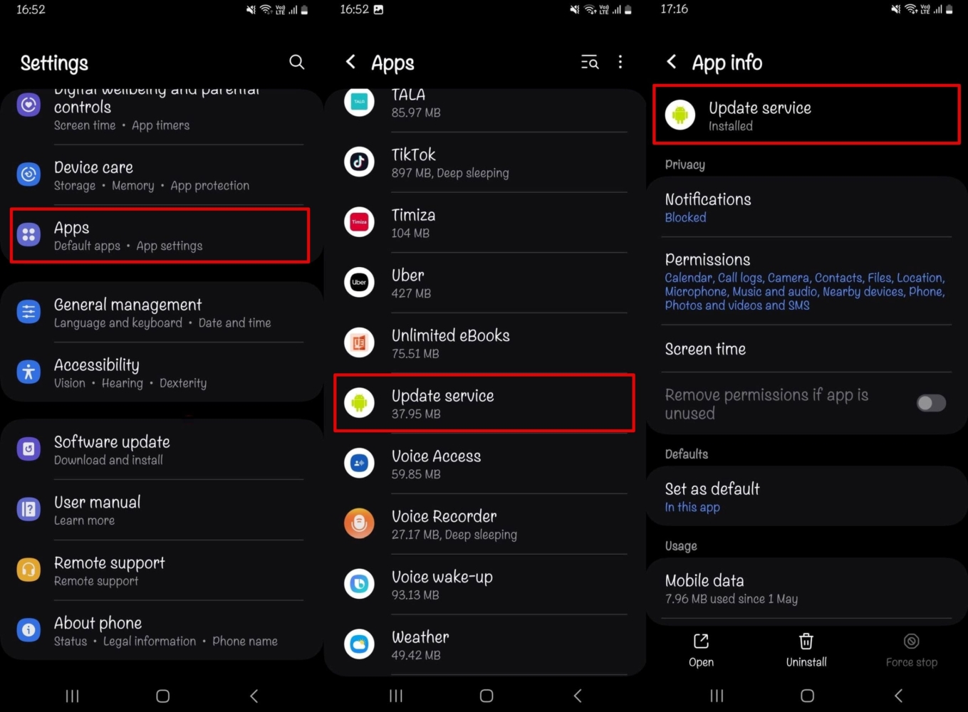 Un'immagine dell'ispezione delle app su un dispositivo Android mostra un'app spia nascosta chiamata Update Service