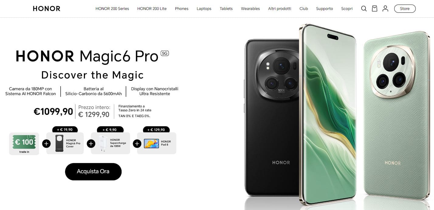 Un'immagine del sito web di Honor che mostra il telefono Honor Magic 6 Pro