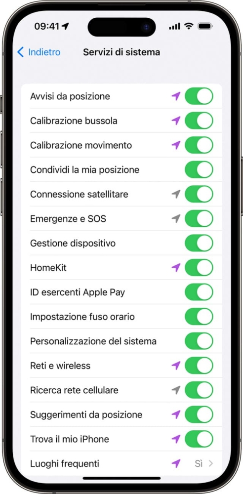 La lista delle app con accesso alla posizione di un iPhone