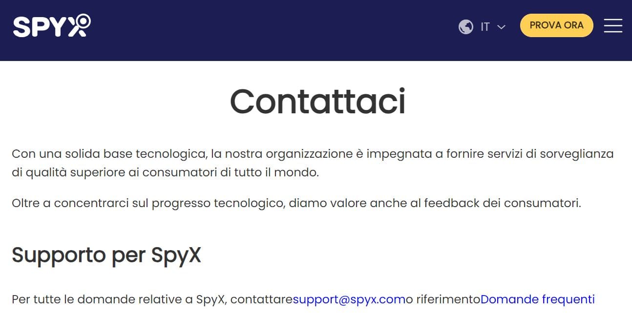 Un'immagine della pagina di supporto di SpyX