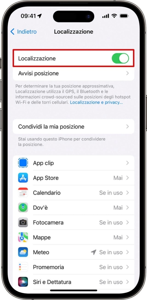 Il menu per vedere quali app possono accedere alla posizione di un iPhone