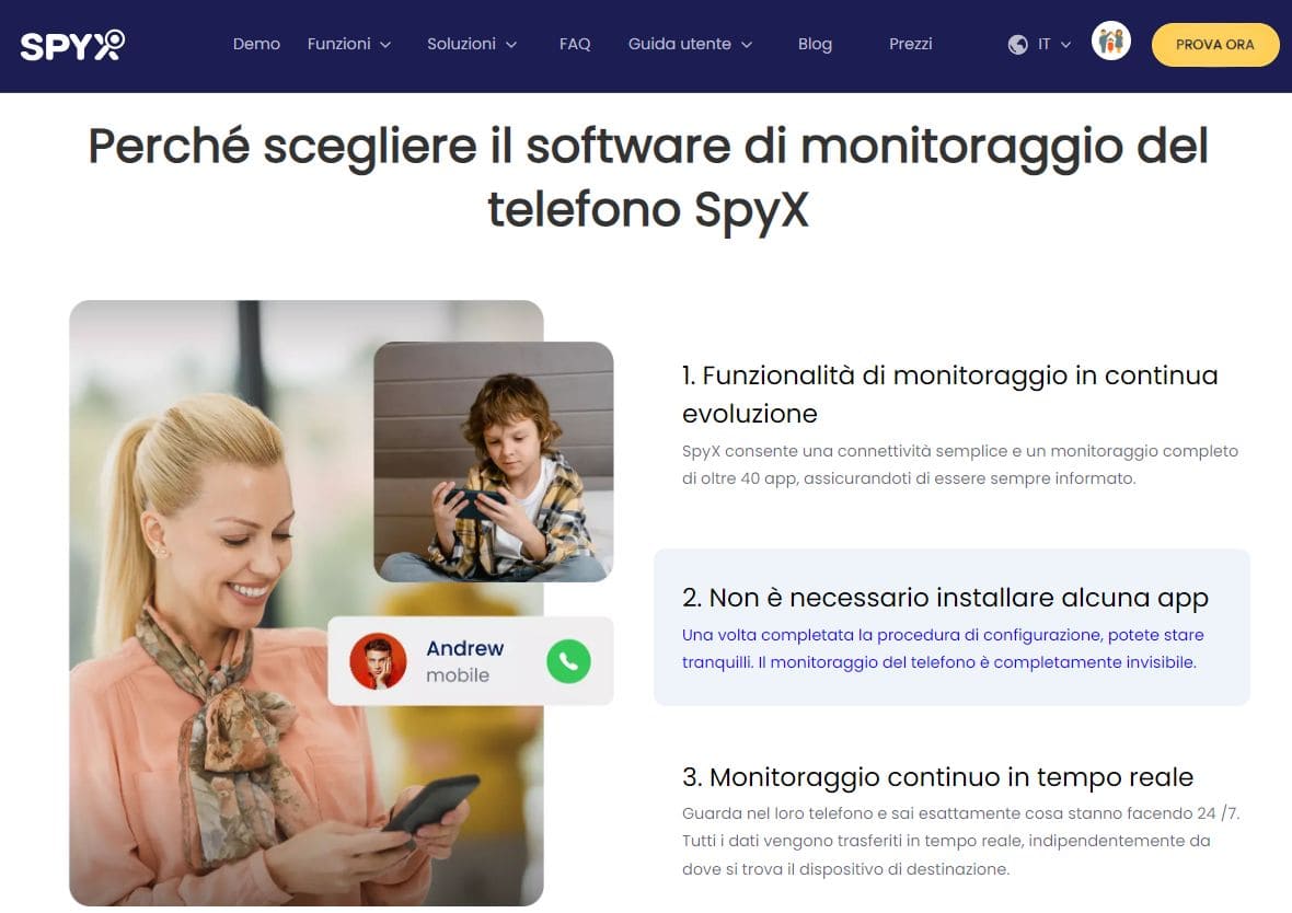 Schermata della pagina web con i tre vantaggi di SpyX for phone