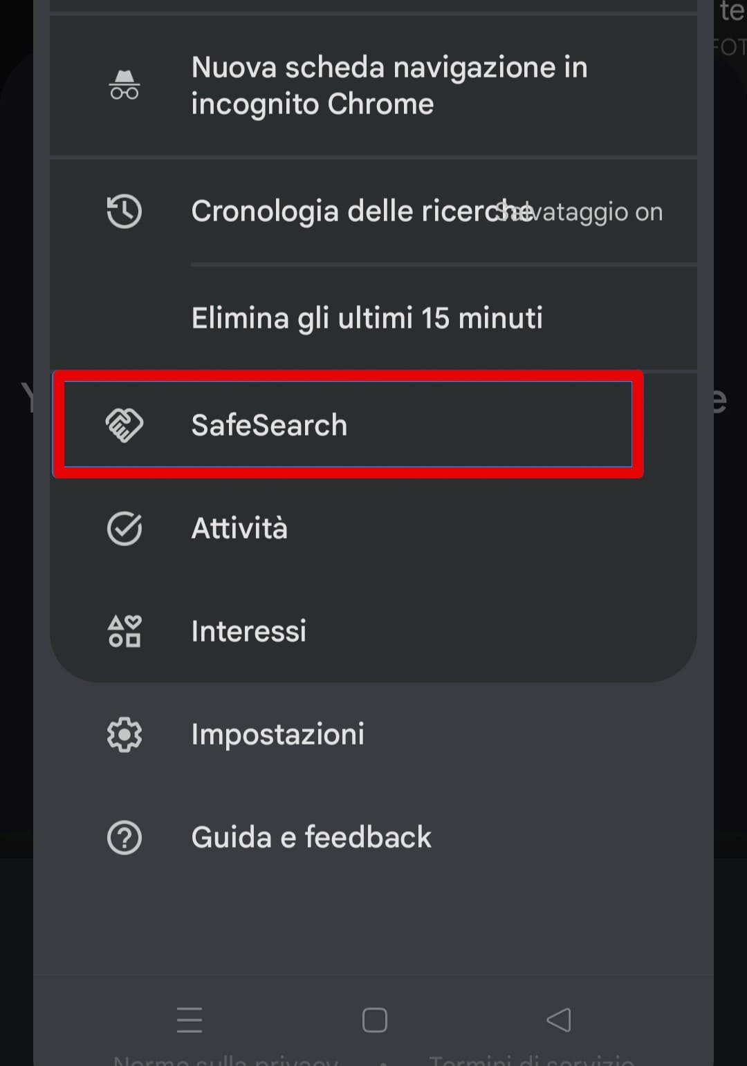 Come accedere al menu del servizio SafeSearch sull’app Google