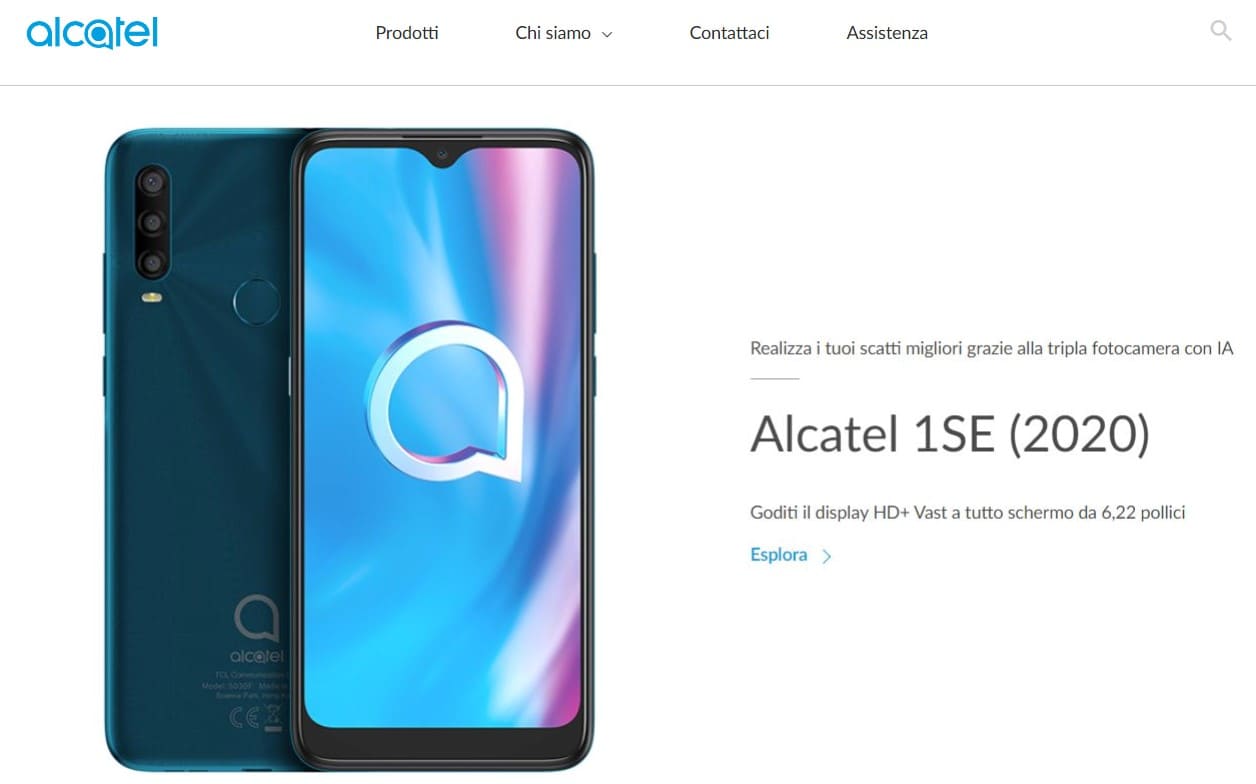 Un'immagine del sito web di Alcatel Mobile che mostra il telefono Alcatel