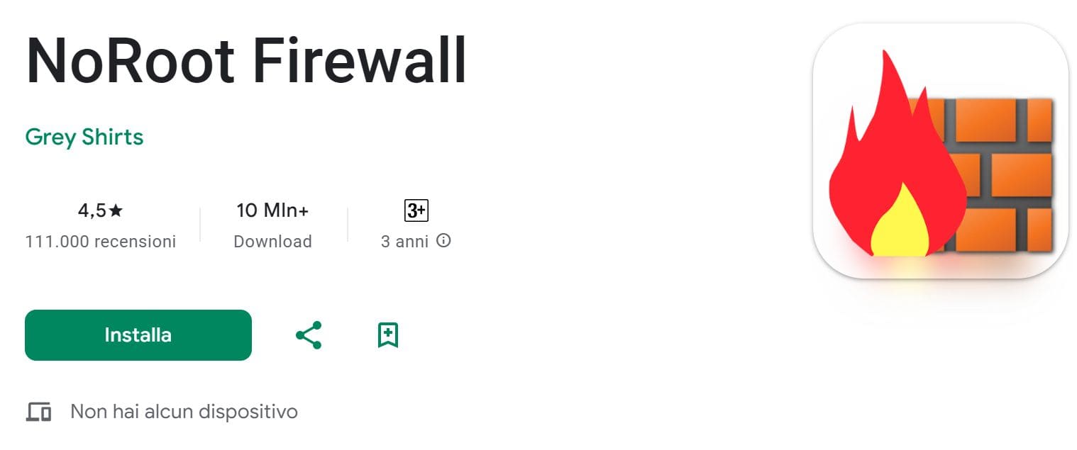 L’app NoRoot Firewall nel Play Store di Google