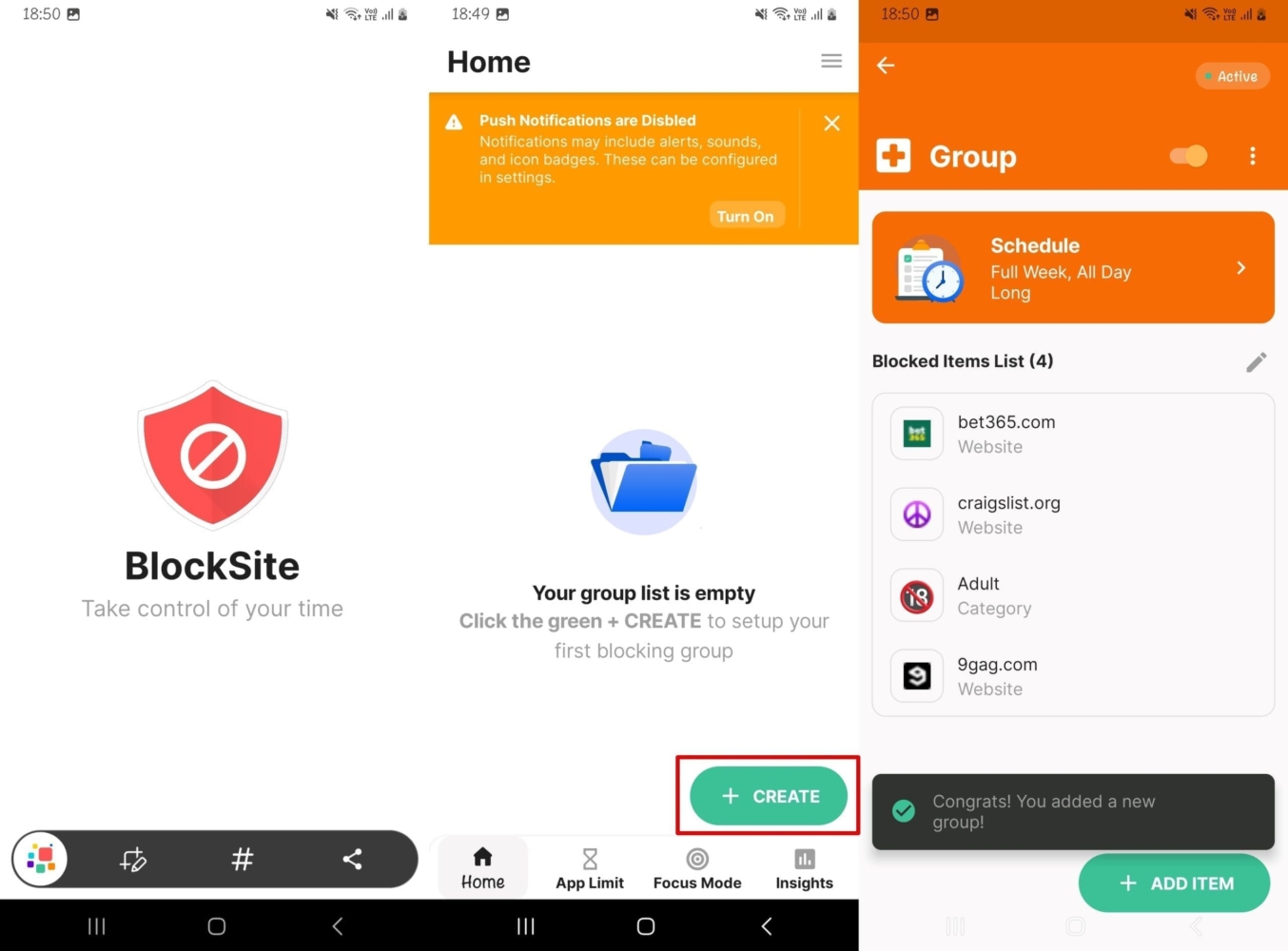 Un'immagine dell'utilizzo di BlockSite per bloccare un sito web su Android