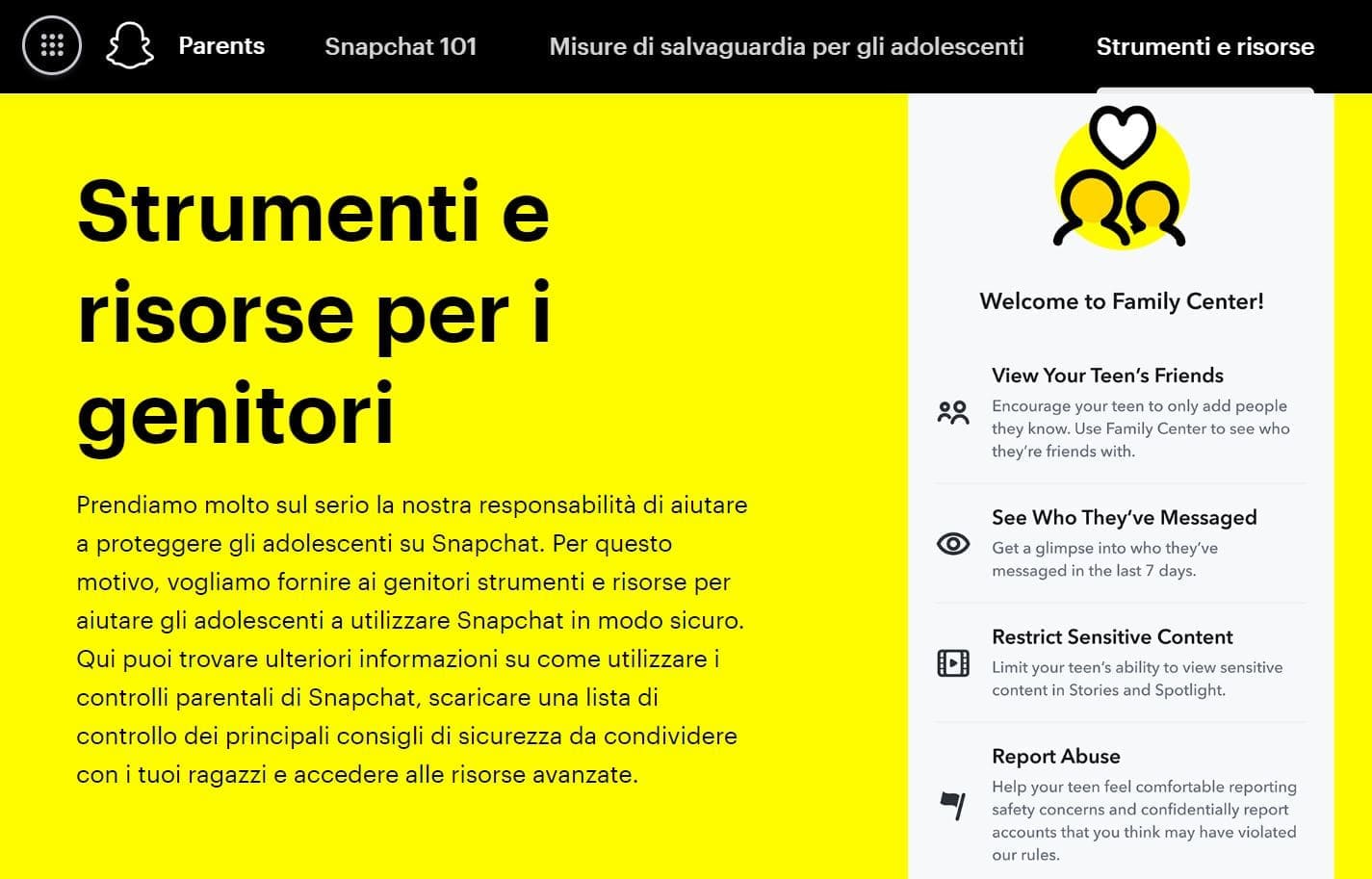 Immagine delle informazioni del Centro per le famiglie sul sito web di Snapchat