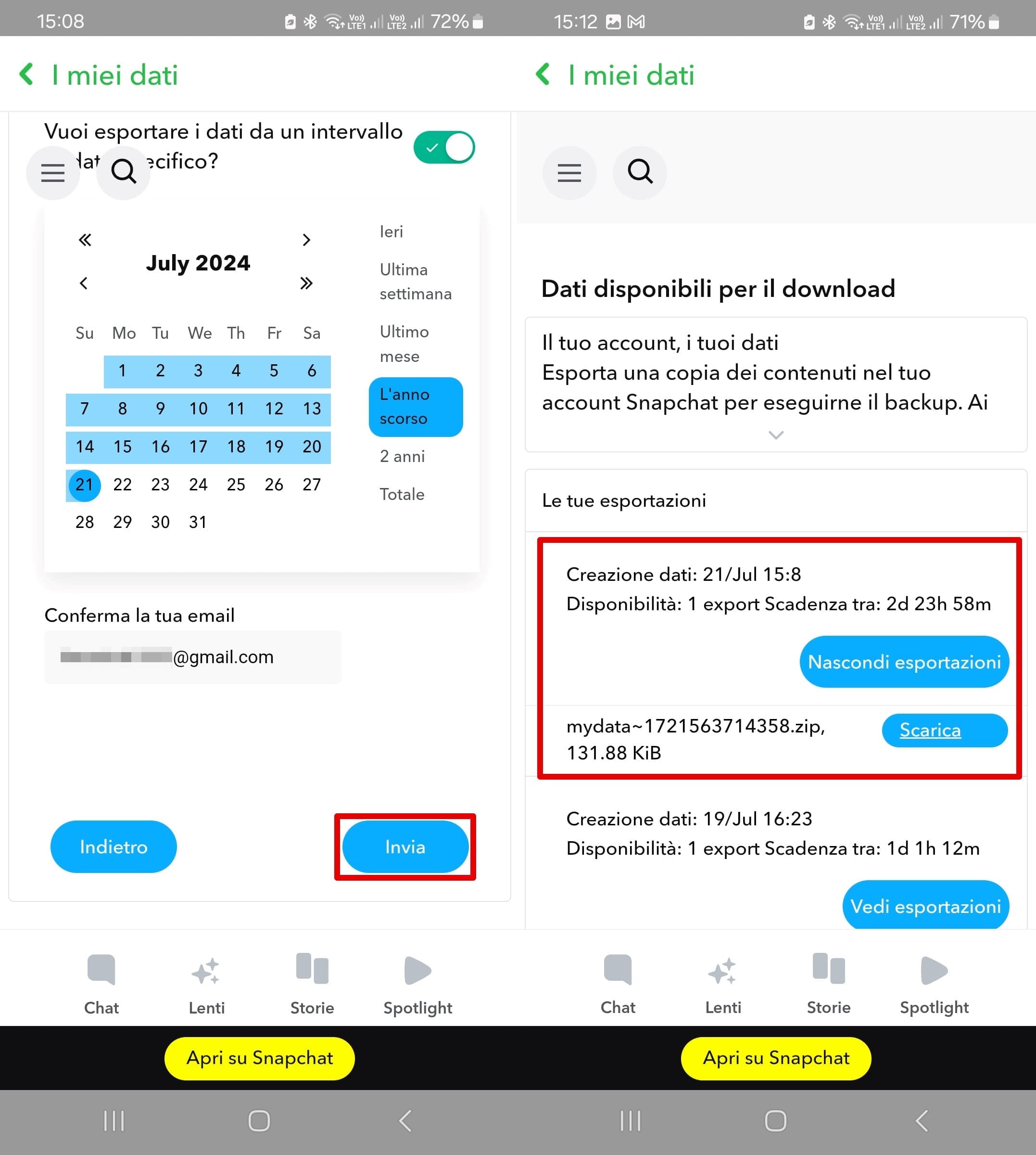 Selezionate le date e ottenete un file zip dei vostri dati in Snapchat