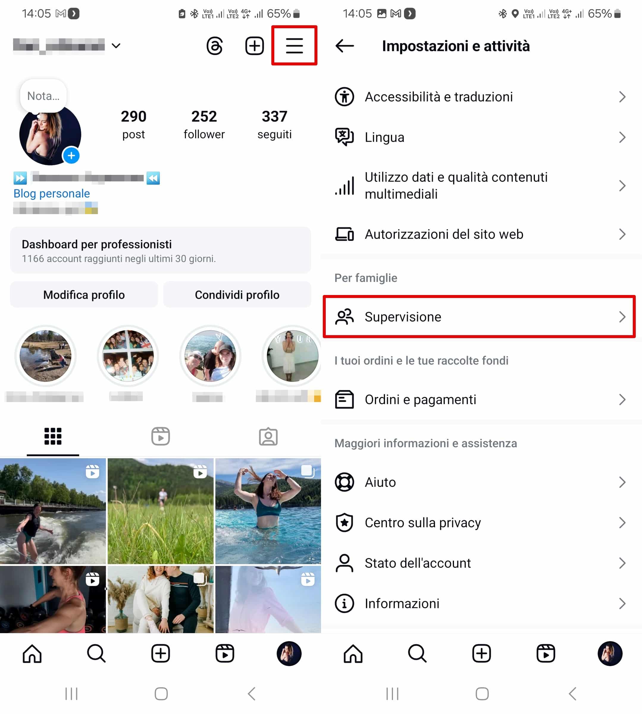 Fasi di apertura della scheda Supervisione nella sezione Per le famiglie su Instagram