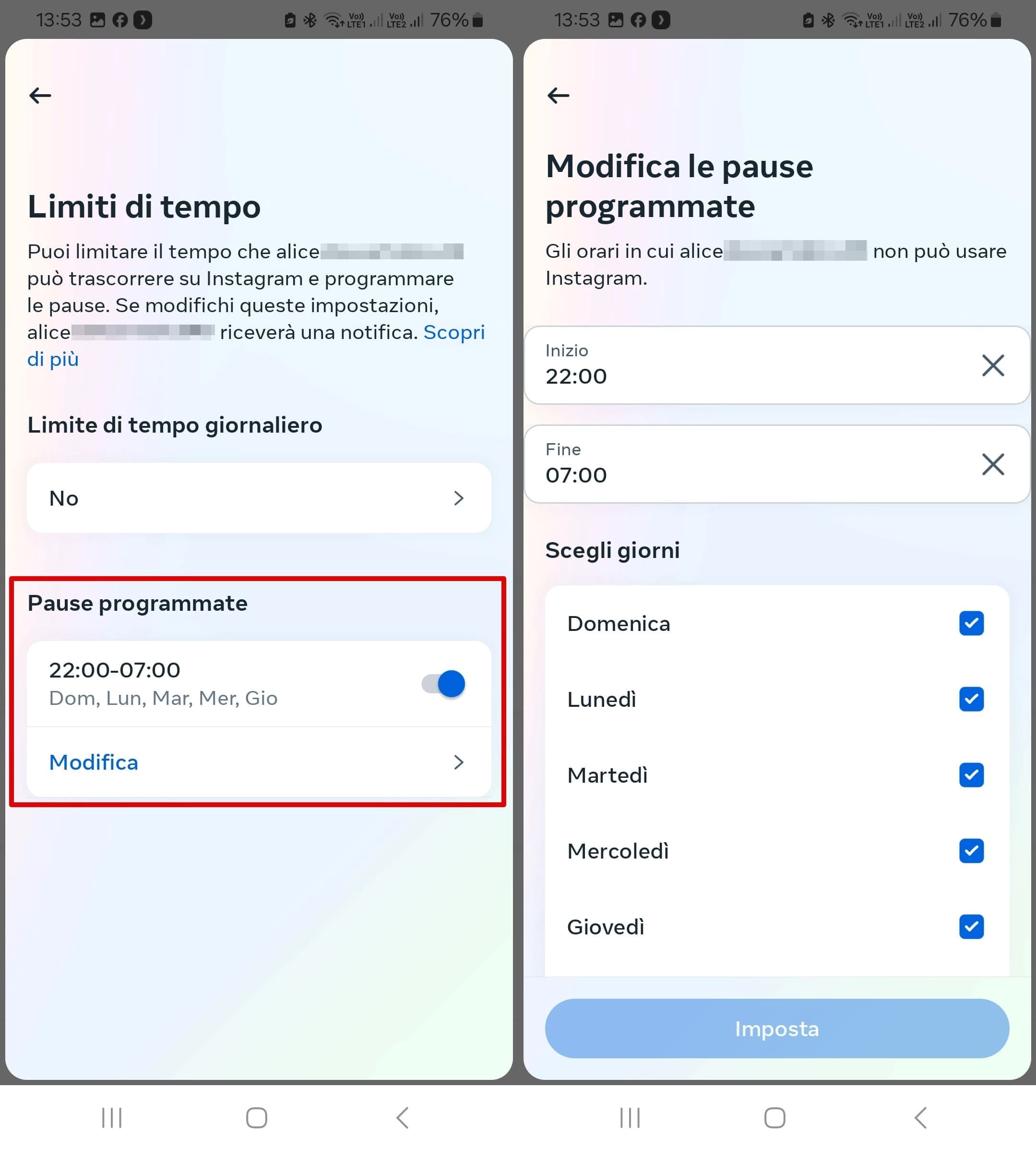 Vista dell'impostazione di una pausa programmata attraverso il Centro per le famiglie