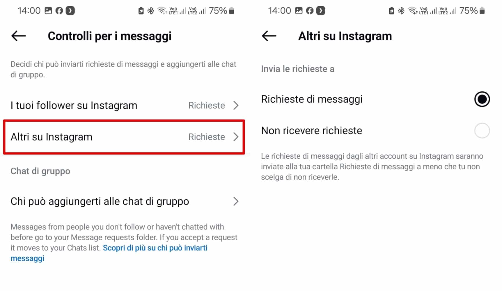 Regolazioni nella sezione Controlli dei messaggi di Instagram