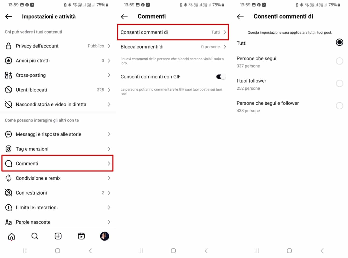 Visualizza le impostazioni per controllare chi può commentare i post di Instagram