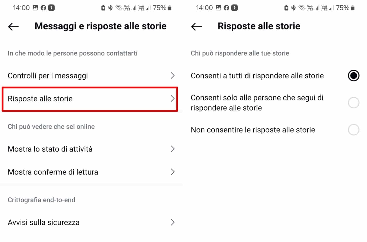 Impostazioni nella sezione Risposte alle storie di Instagram