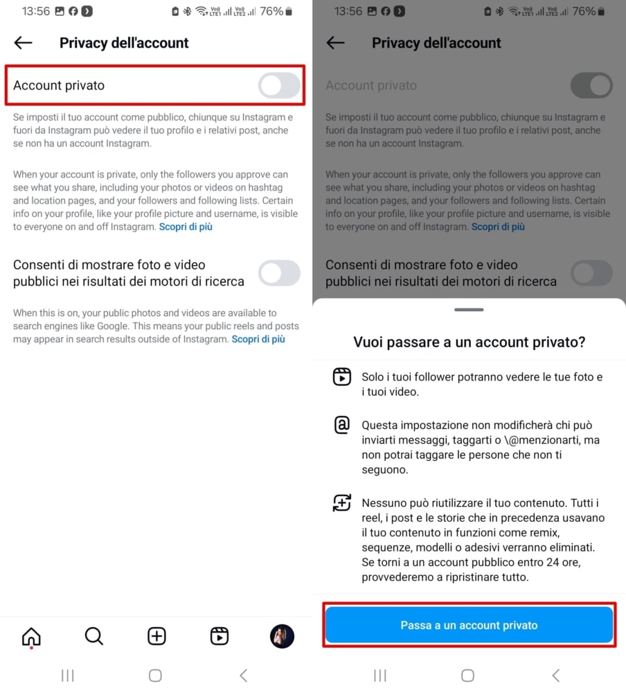 Passare a un account Instagram personale