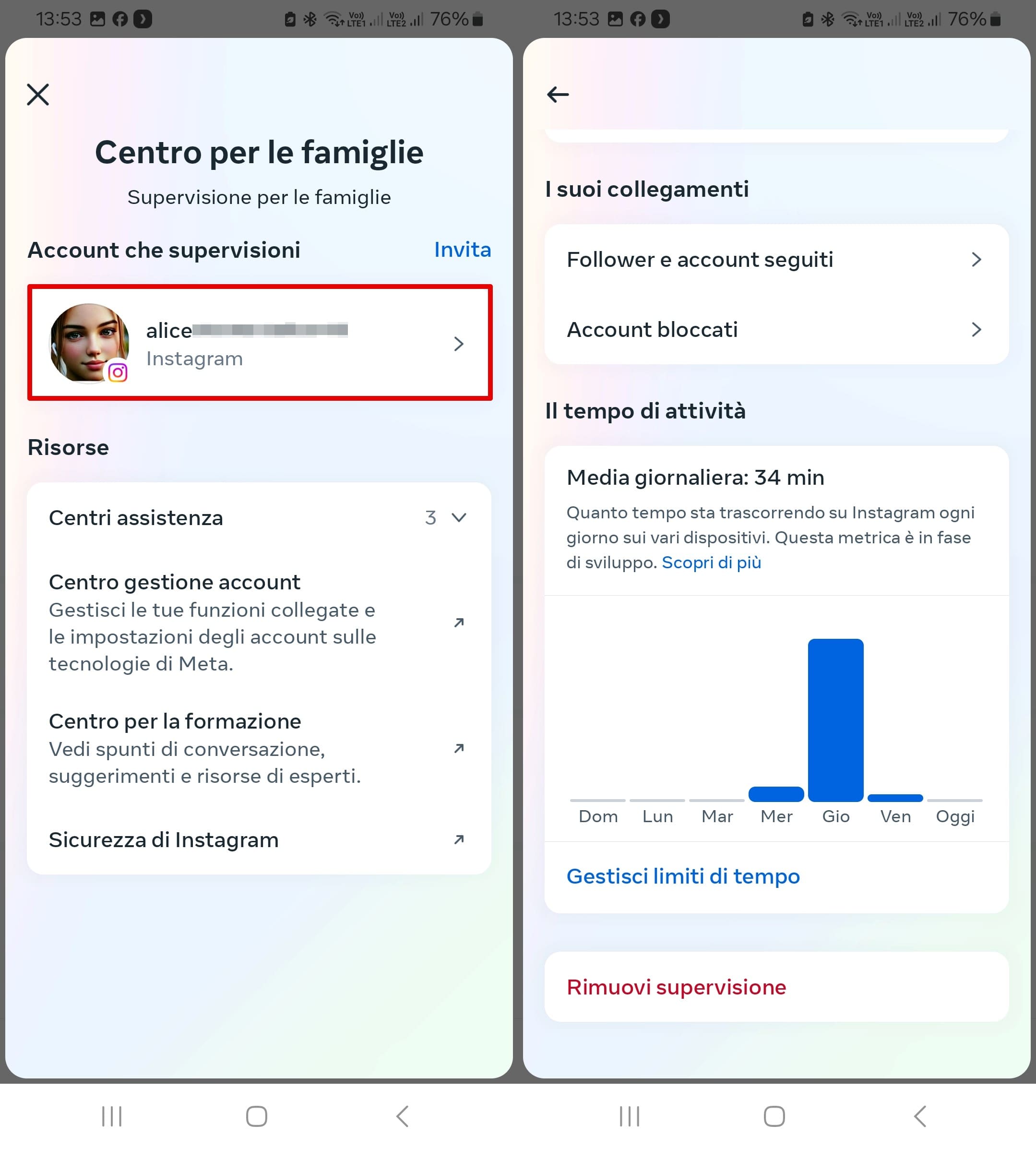 Visualizzare per selezionare un conto da monitorare nel Centro familiare