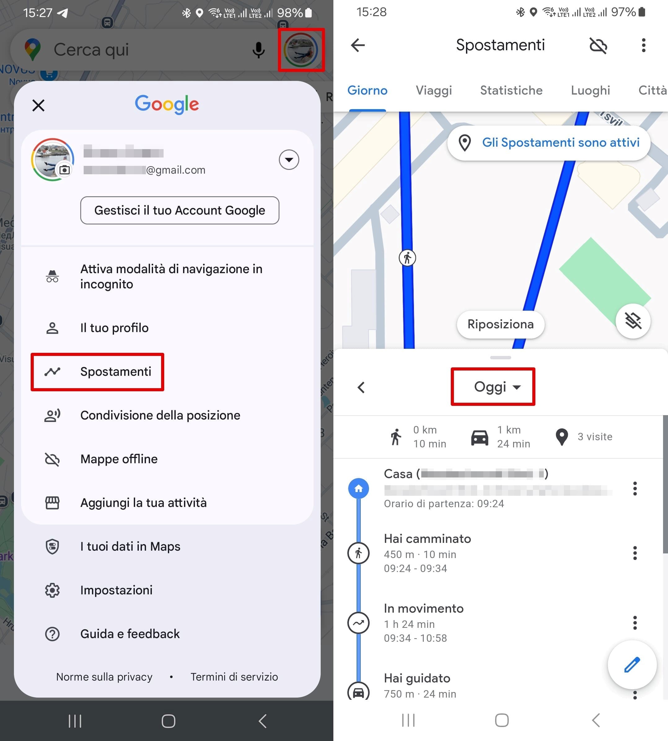 Un’immagine dell’app Google Maps con una mappa degli spostamenti aperta