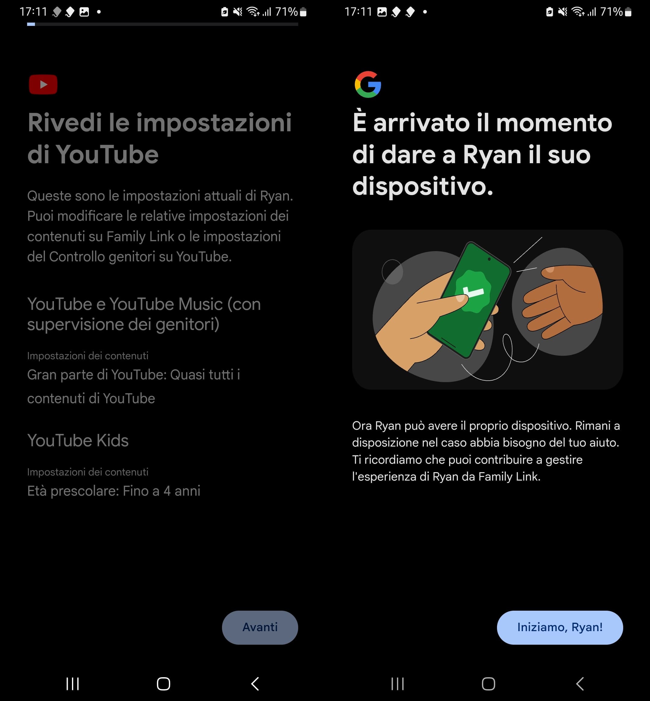 Notifica di Family Link quando si installa sul dispositivo dei genitori e per dare il dispositivo al bambino