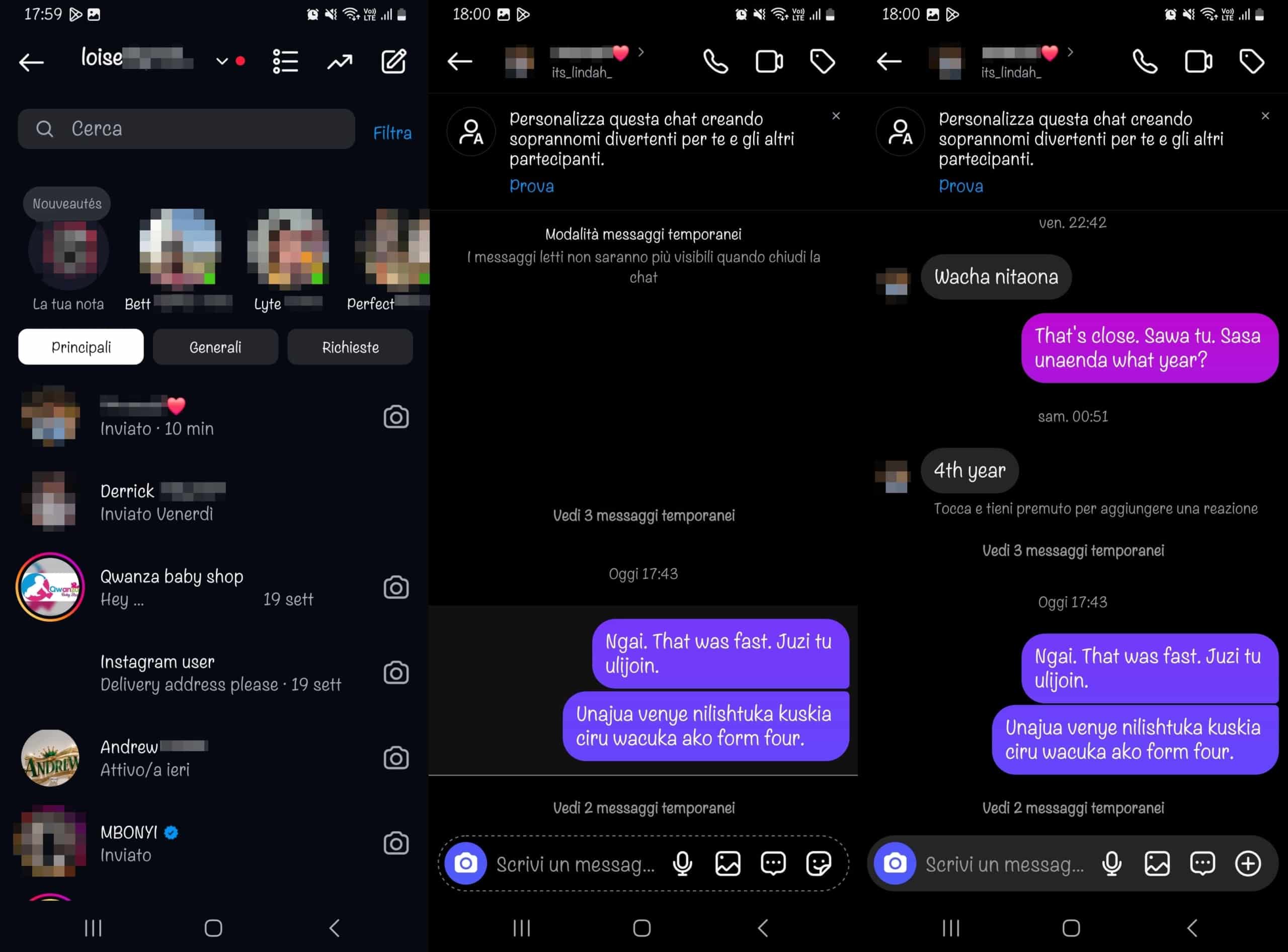 Come disattivare la modalità messaggi temporanei su Instagram scorrendo verso l'alto su una chat
