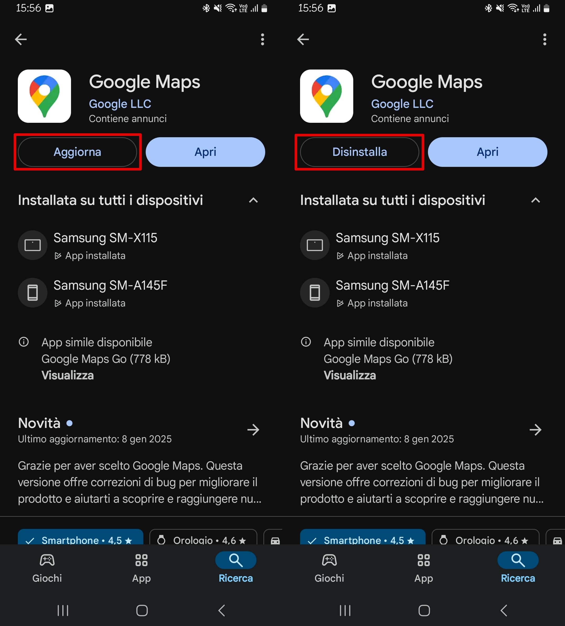 Passaggi per reinstallare o aggiornare Google Maps dal Google Play Store su Android