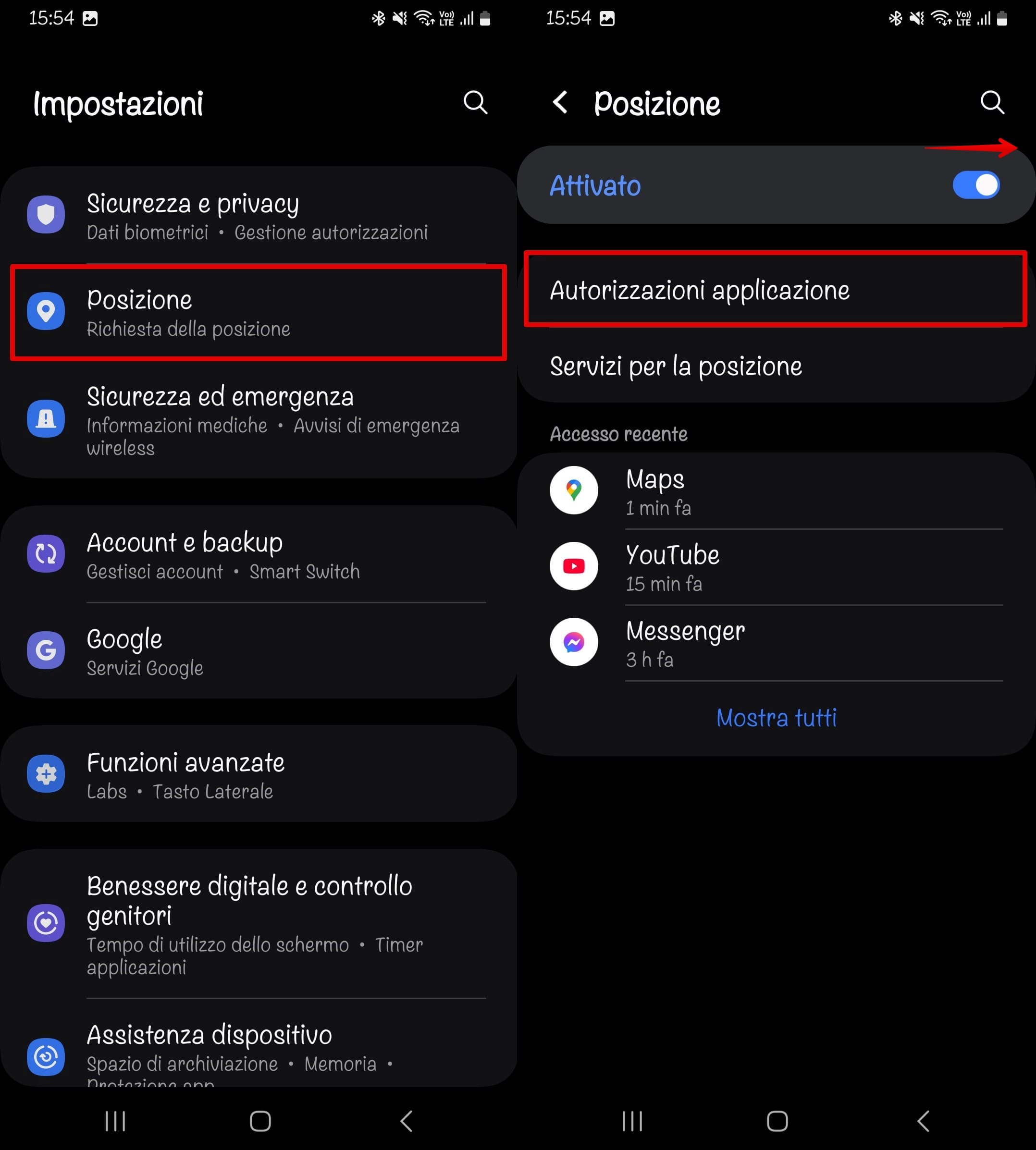 passaggi per attivare i servizi di localizzazione su Android dalle Impostazioni alla posizione e alle autorizzazioni delle app